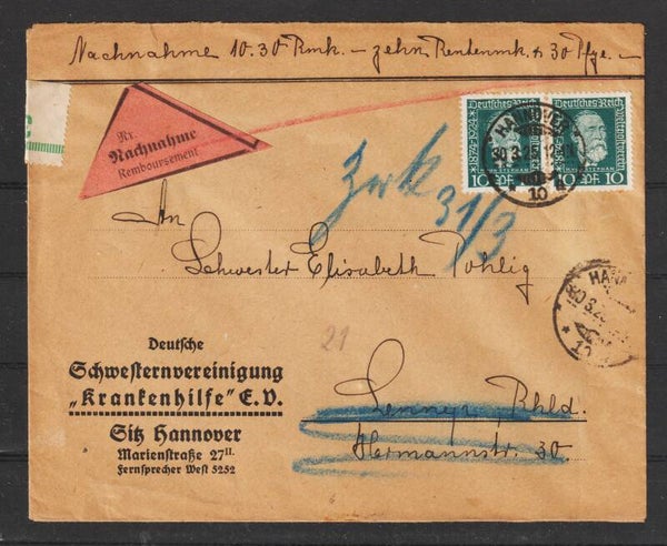 MiNr. 368 (2x) Nachnahme Brief HANNOVER 30.3.25   (s23051)