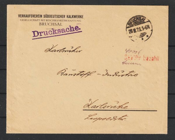 Drucksache, roter "Gebühr bezahlt" Stempel 28.8.23   (s23052)