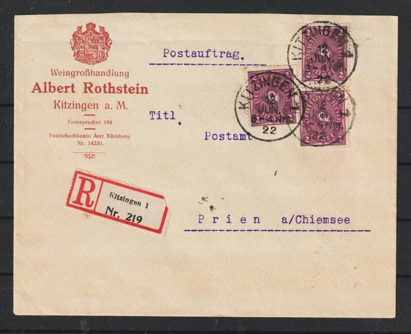 MiNr. 191 (3x) R-Brief "Weingroßhandlung Albert Rothstein" KITZINGEN 12.JUN.22 (s23068)