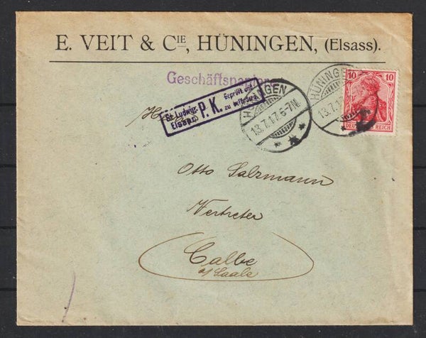 MiNr. 86 II EF auf Brief KGS HÜNINGEN 13.7.17, zensiert  (s23068)