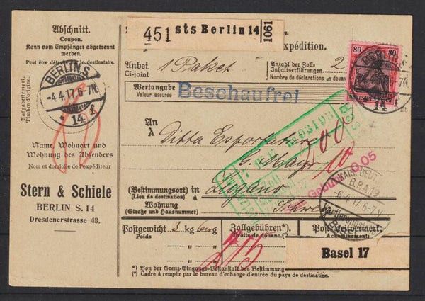 MiNr. 93 II b EF auf Paketkarte BERLIN 4.4.17, geprüft  (s23068)