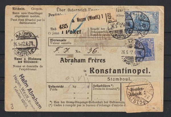 MiNr. 95 A II, 87 II Paketkarte HAGEN 26.5.17  (s23068)