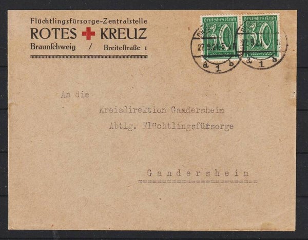MiNr. 162 (2x) auf Brief "Flüchtlingsfürsorge-Zentralstelle, Rotes Kreuz"  BRAUNSCHWEIG 27.9.21  (s23080)