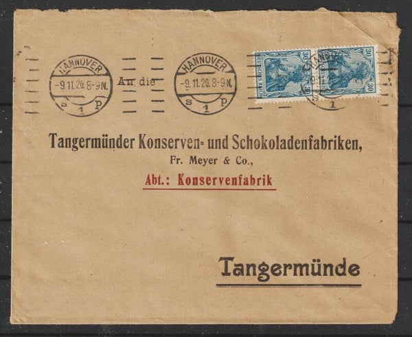 MiNr. 144 (2x) auf Firmen-Brief, HANNOVER 9.11.20  (s23095)