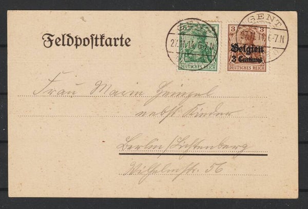 MiF Bes. Belgien MiNr. 1 mit DR MiNr. 85 auf Feldpostkarte, GENT 27.11.14 (s23095)