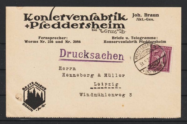 MiNr. 183 b EF Drucksache, Konservenfabrik PFEDDERSHEIM 31.5.22  (s23112)
