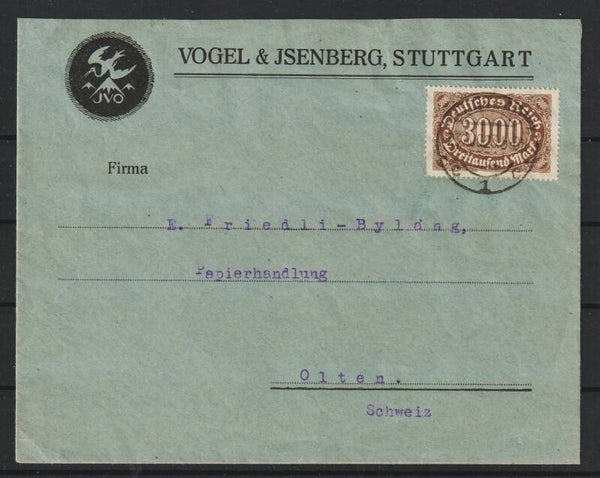 MiNr. 254 auf Brief "Vogel & Isenberg" STUTTGART 23.AUG.23,  Letzttag PP 15  (s23143)