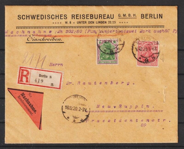 MiNr. 150, 145 "Schwedisches Reisebüro" Nachnahme R-Brief BERLIN 17.12.20  (s23154)