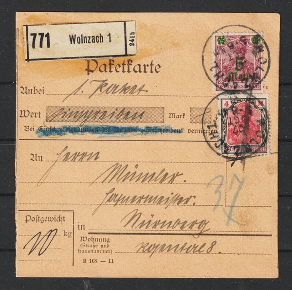 MiNr. 156, 153 auf Paketkarte, WOLNZNACH 27.OCT.21  (s23154)
