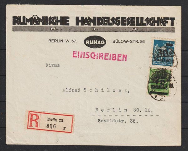 MiNr. 284, 287  Firmenbrief R-Brief "Rumänische Handelsgesellschaft" BERLIN 13.9.23  (s23156)