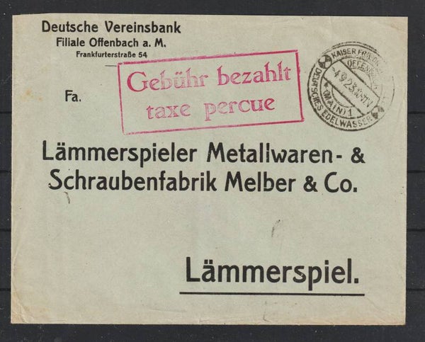 Gebühr bezahlt auf Firmen-Brief "Lämmerspieler ..." SST OFFENBACH  4.9.23 (s23156)