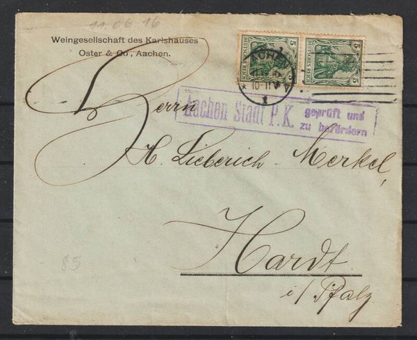 MiNr. 85 auf Brief, Zensurstempel AACHEN 11.06.16   (s24009)