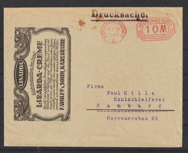 10 Mark Freistempel Drucksache "Lisarda-Creme" Karlsruhe 19.1.23  (s24024)
