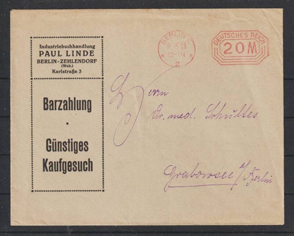 20 Mark Freistempel Drucksache "Industriebuchhandlung PAUL LINDE" BERLIN  9.3.23  (s24024)