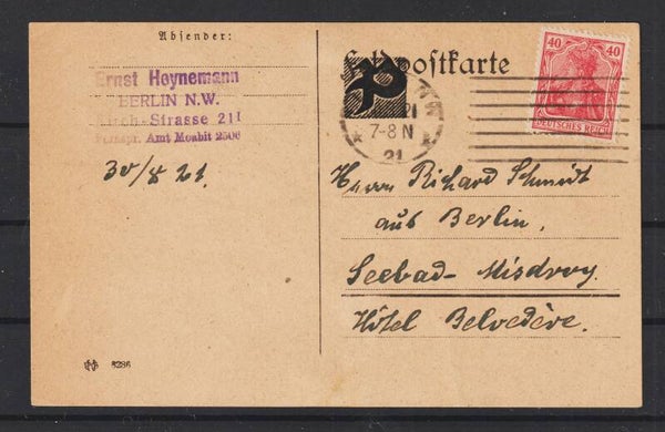 MiNr. 145 EF auf Postkarte, BERLIN  30.8.21  (s24034)