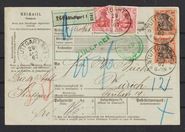 MiNr. 89 I (2x) 86 (2x) Paketkarte Stuttgart nach Zürich am 29.APR.07 (s24034)