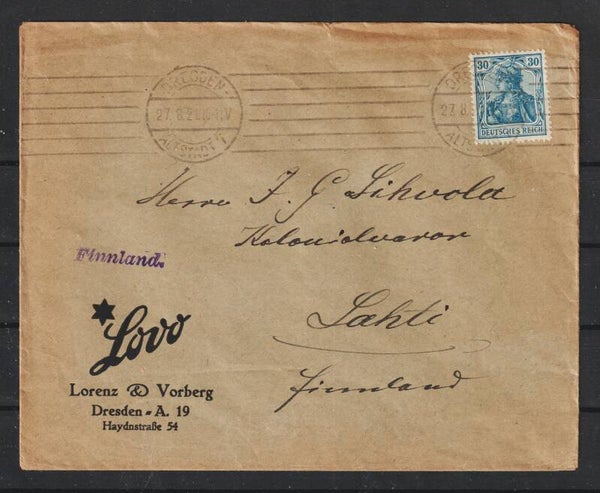 MiNr. 144 EF Brief, "Lovo Dresden", DRESDEN 27.8.21   (s24035)