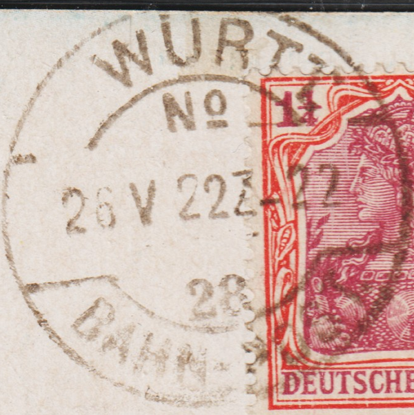 MiNr. 151 auf Postkarte, Bahnpost Stempel WÜRTT 26.5.22  (s24035)