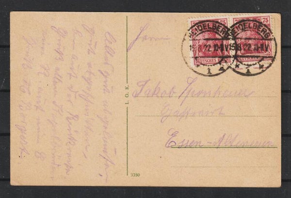 MiNr. 197 (2x) auf AK Karlsruhe i.B., HEIDELBERG 15.8.22  (s24035)