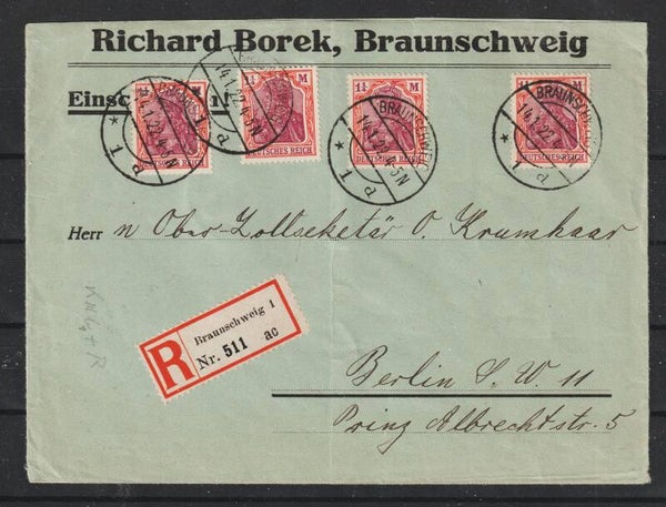 MiNr. 151 (4x) auf R-Brief, BRAUNSCHEIG 14.1.22, Stempel, geprüft  (24036)