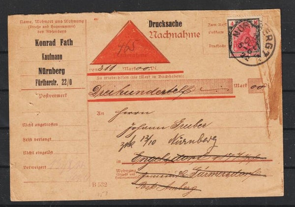 MiNr. 153 EF auf Nachnahme Drucksache NÜRNBERG  11.OCT.22  (s24036)