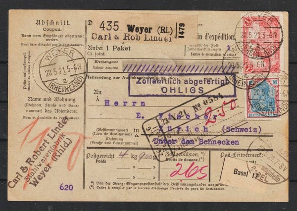 MiNr. A 113, 146, 152, 153 (2x) auf Paketkarte WEYER 20.5.21  (s24036)