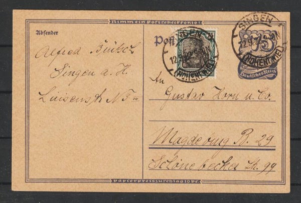 MiNr. 104 c auf Ganzsache P 146, SINGEN 12.9.22,  geprüft  (s24037)