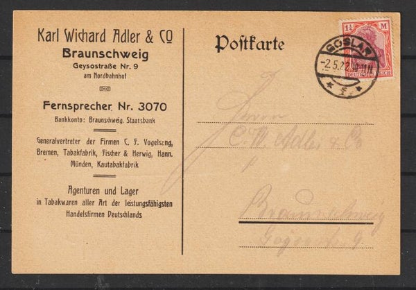 MiNr. 151 EF Postkarte, Karl Wichard Adler & Co, GOSLAR 2.5.22  (24037)