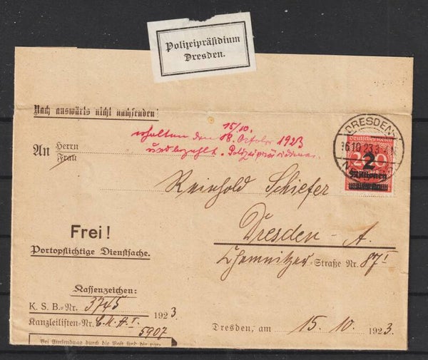 MiNr. 309 EF auf "Portopflichtige Dienstsache" DRESDEN 16.10.23  (s24040)