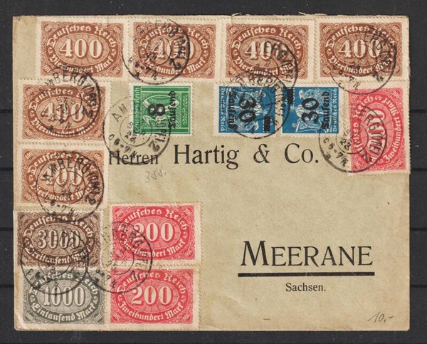 MiNr. 248, (2x), 250 (6x) 252, 254, 278, 284 (2x) auf Brief, AMBERG 3.SEP.23  (s24043)