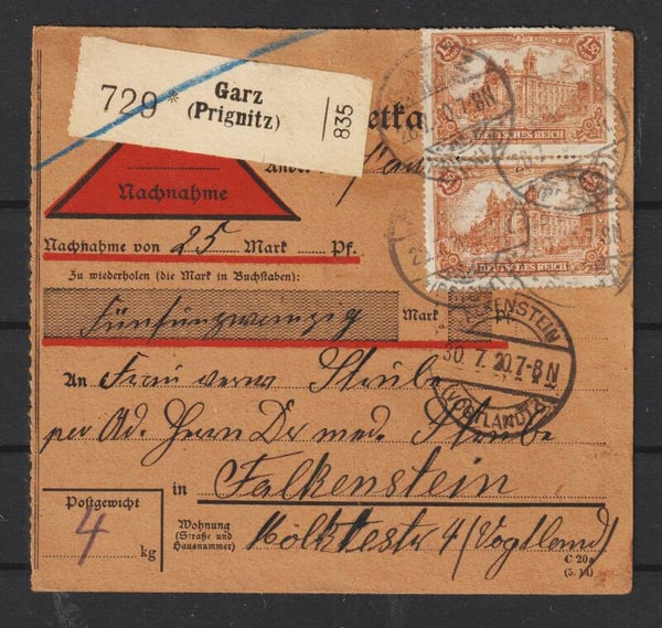 MiNr. 114 (2x) auf NN Paketkarte  GARZ  28.7.20   (s24044)