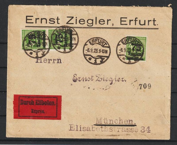 MiNr. 287 MeF auf Eilboten Brief ERFURT  8.9.23