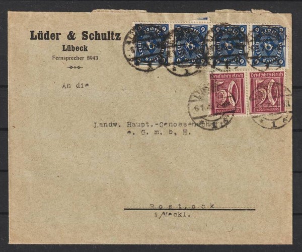 MiNr. 228 (4x), 183 (2x) auf Brief LÜBECK  6.1.23  (s24048)