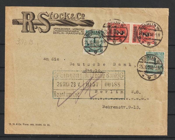 MiNr. 312 B (2x) 314 (2x) auf Brief BERLIN 25.10.23, Firmenlochung   (s24048)