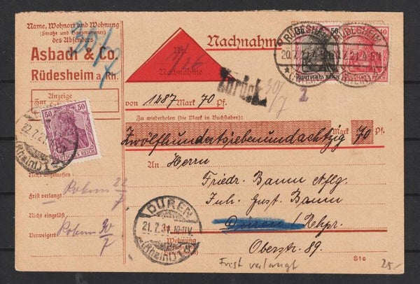 MiNr. 145, 146, 91 auf Nachnahme Karte RÜDESHEIM 20.7.21  (s24049)