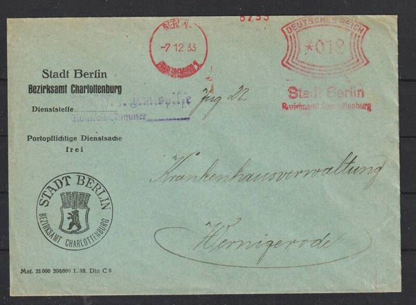 12 Pfennig Freistempel Brief "Stadt Berlin, Bezirksamt Charlottenburg" BERLIN 7.12.33  (s24049)