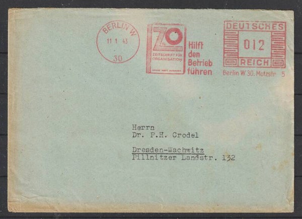 12 Pfennig Freistempel Brief "Z für O, Zeitschrift für Organisation" BERLIN 11.1.43  (s24049)