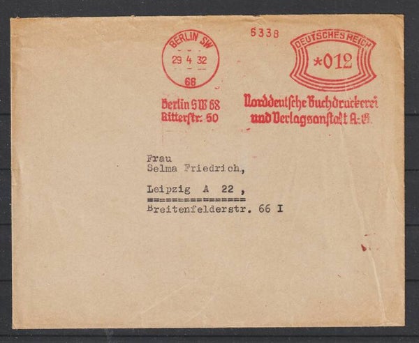 12 Pfennig Freistempel Brief "Norddeutsche Buchdruckerei ..." BERLIN 29.4.32 (s24050)