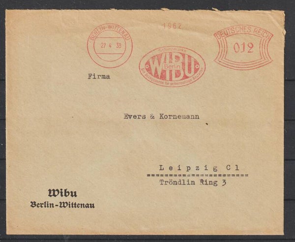 12 Pfennig Freistempel Brief "WIBU" BERLIN WITTENAU 27.4.38  (s24050)