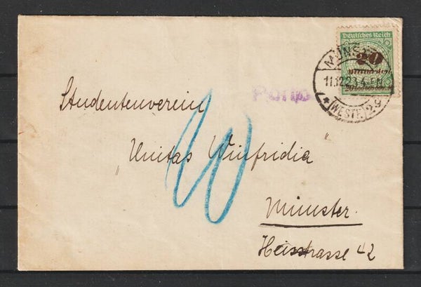 MiNr. 329 auf Dezember Brief, MÜNSTER 11.12.23, Portokontrolle  (24056)