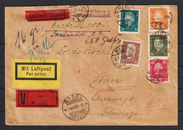 MiNr. 415, 417, 419, 420, 390 auf Luftpost Express Wert-Brief mit V Zettel  KIEL 3.7.29 (s24057)