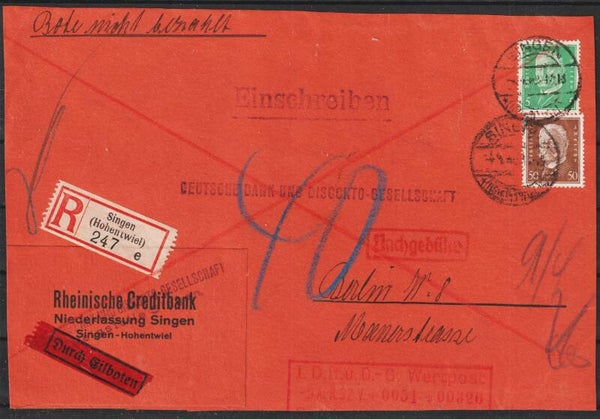 MiNr. 420, 411 auf Eilboten R-Brief SINGEN  7.4.32  (s24058)