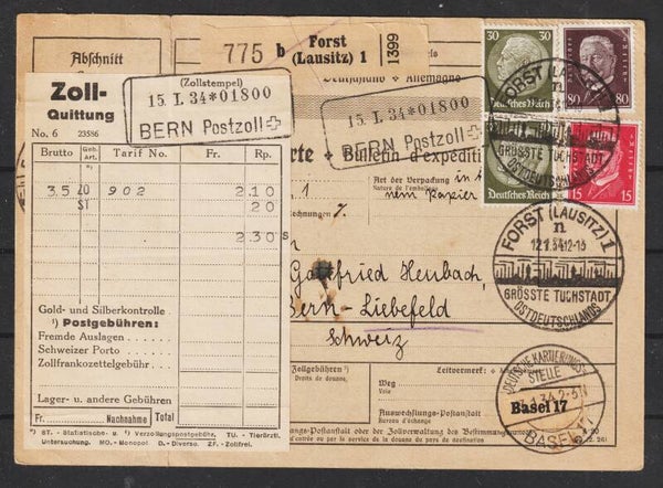 MiNr. 422, 414, 490 auf Paketkarte FORST LAUSITZ 12.1.34  (s24058)