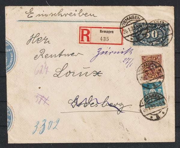 MiNr. 246, 208, 239 auf R-Brief  REMHAGEN 26.1.23   (s24061)