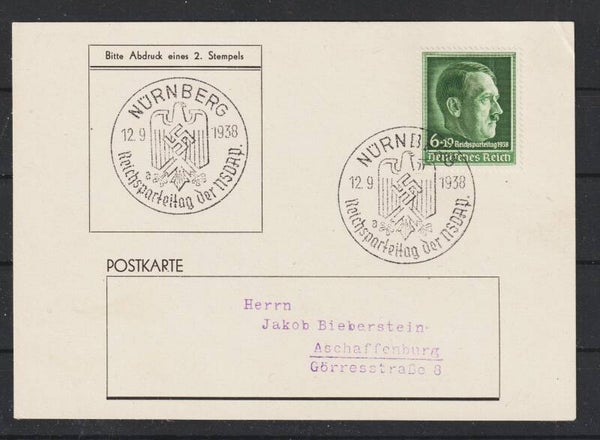 MiNr. 672 EF auf Postkarte  NÜRNBERG 12.9.38  (s24062)