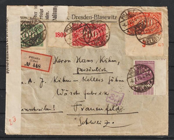 MiNr. 248, 249, 250 Teil HAN, 268 Bogenecke a. R-Brief PILLNITZ 6.7.23, geöffnet + zensiert   (s24063)