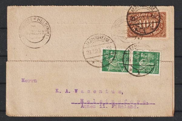 MiNr. 222, 244 auf Postkarte  MANNHEIM 28.7.23  (s24065)