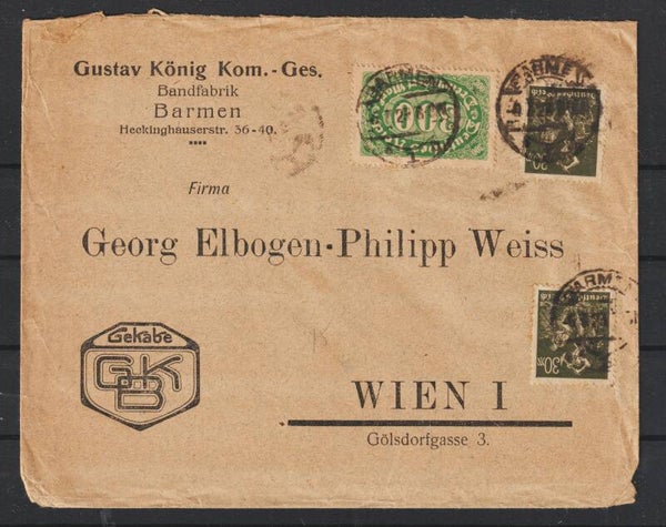 MiNr. 221, 243 (2x)  Firmen Brief "Gekabe, Gustav König .." BARMEN 6.7.23  (s24066)