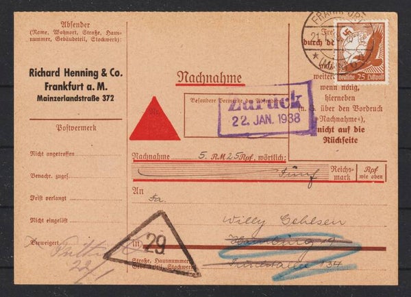 MiNr. 531 auf Nachnahme Karte FRANKFURT 21.1.38   (s24068)