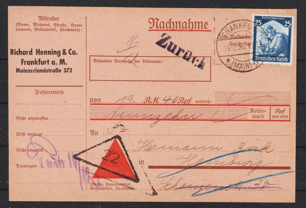 MiNr. 568 auf Nachnahme Karte FRANKFURT 14.12.36   (s24068)